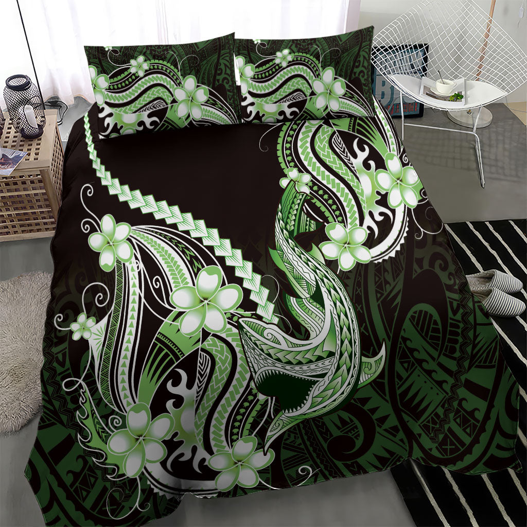 Green Black Aloha Hawaii Bedding Set Polynesian Shark Tattoo Plumeria LT14 - Polynesian Pride