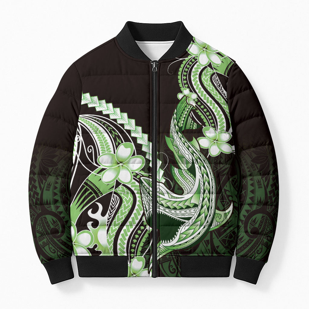 Green Black Aloha Hawaii Bomber Puffer Jacket Polynesian Shark Tattoo Plumeria LT14 Unisex Green - Polynesian Pride