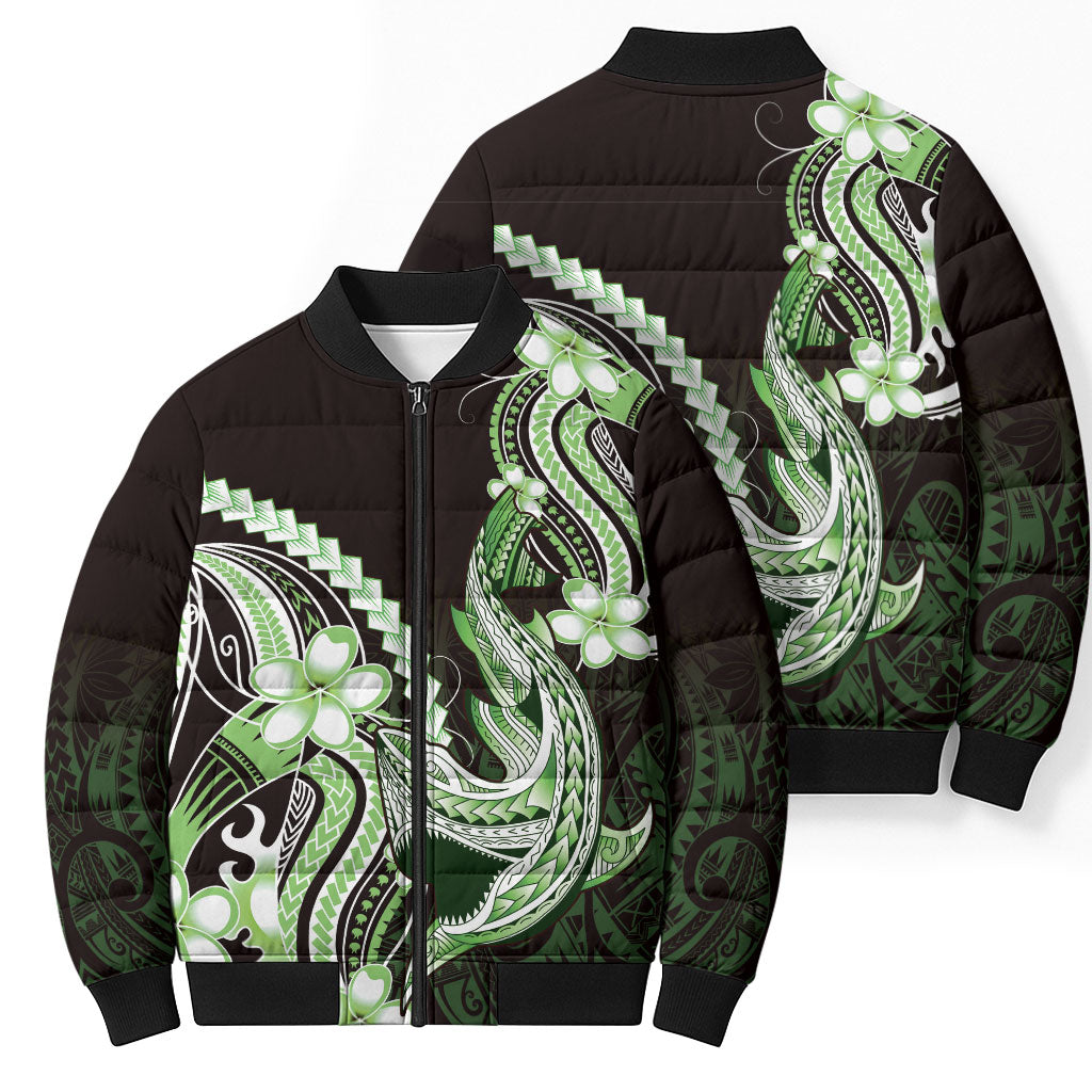 Green Black Aloha Hawaii Bomber Puffer Jacket Polynesian Shark Tattoo Plumeria LT14 - Polynesian Pride