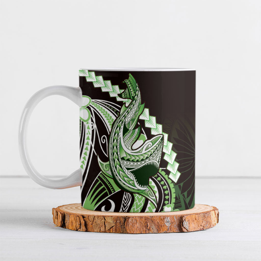 Green Black Aloha Hawaii Ceramic Mug Polynesian Shark Tattoo Plumeria LT14 Green - Polynesian Pride