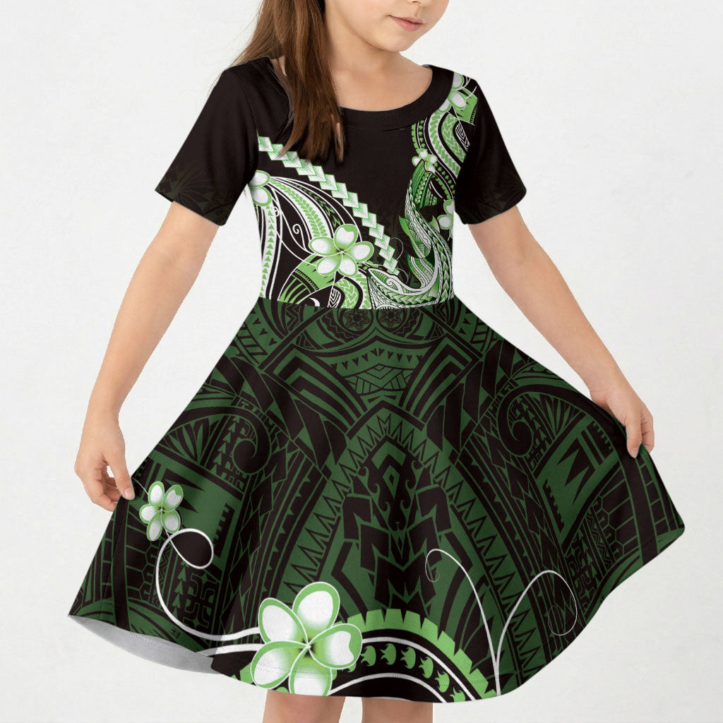 Green Black Aloha Hawaii Kid Short Sleeve Dress Polynesian Shark Tattoo Plumeria LT14 KID Green - Polynesian Pride
