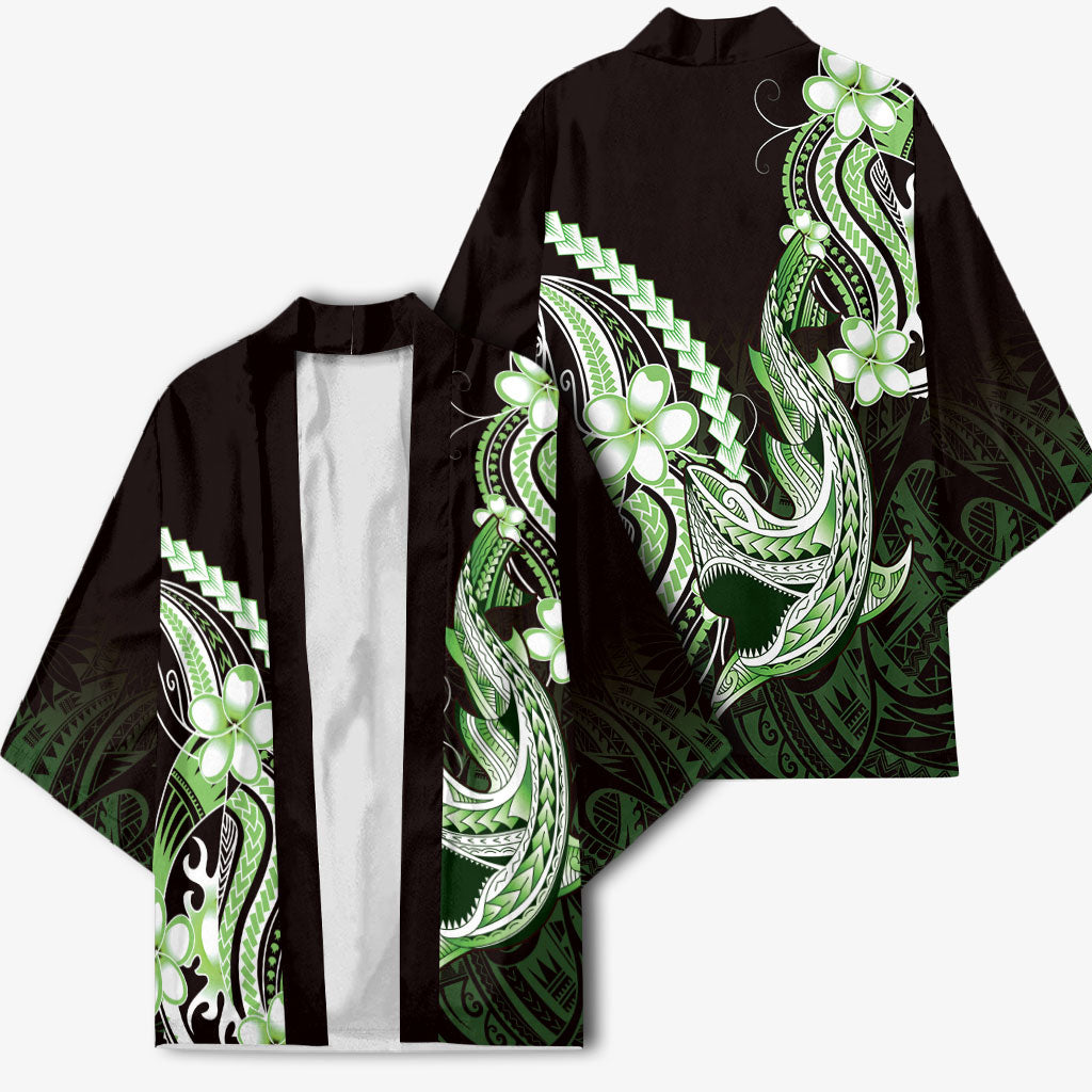 Green Black Aloha Hawaii Kimono Polynesian Shark Tattoo Plumeria LT14 - Polynesian Pride