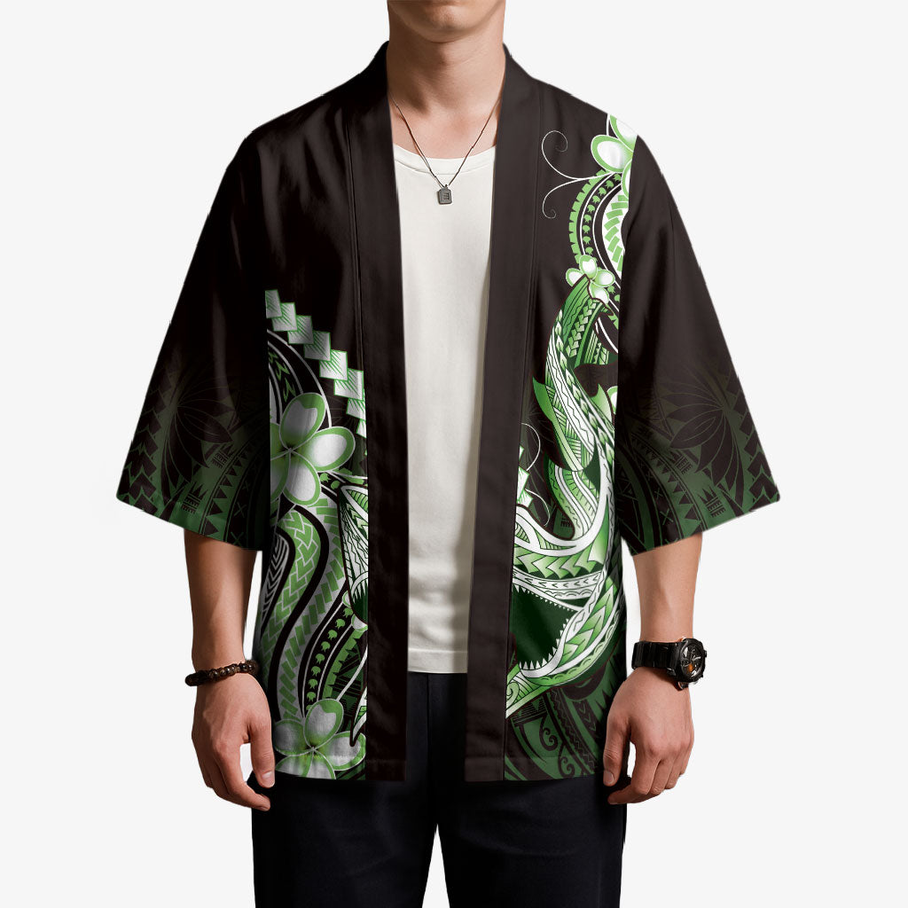 Green Black Aloha Hawaii Kimono Polynesian Shark Tattoo Plumeria LT14 - Polynesian Pride