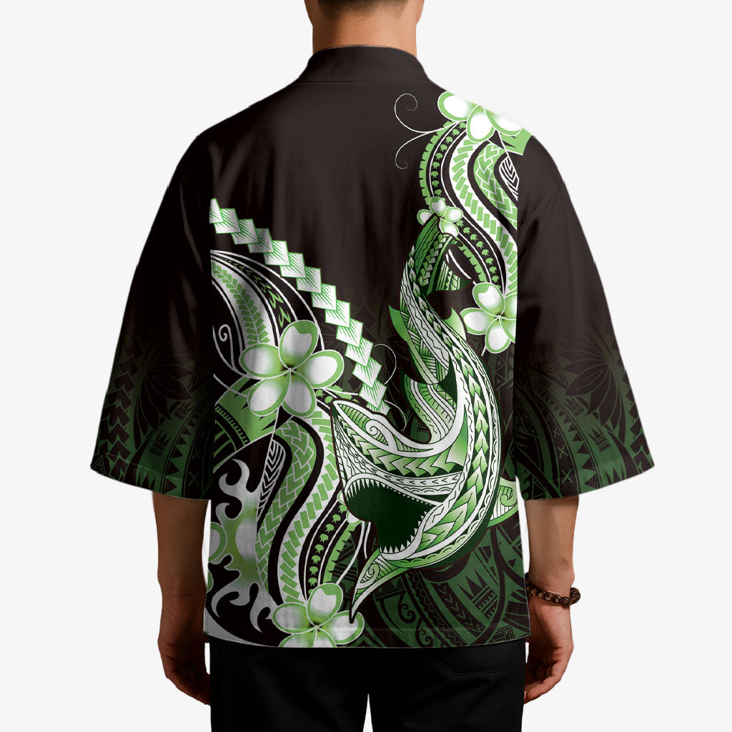 Green Black Aloha Hawaii Kimono Polynesian Shark Tattoo Plumeria LT14 - Polynesian Pride