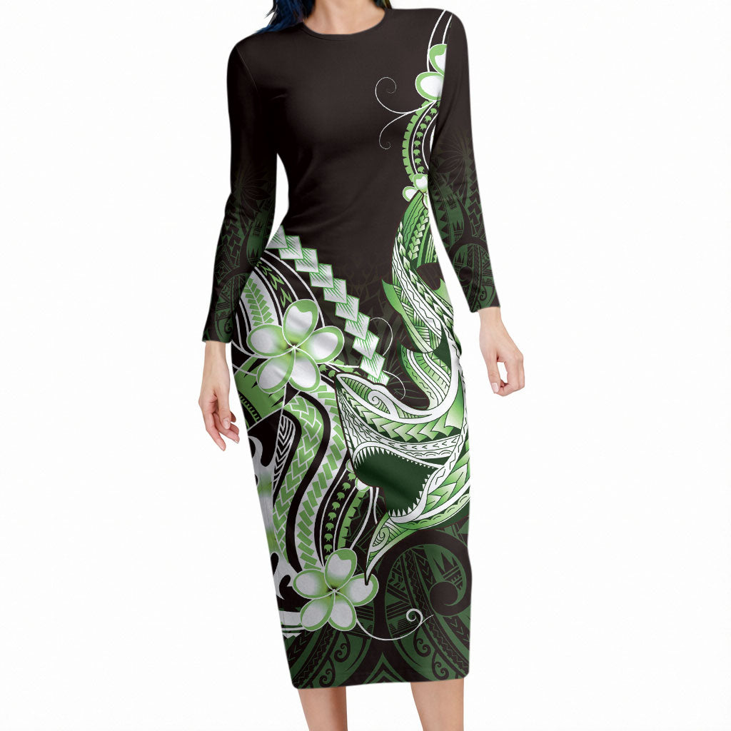 Green Black Aloha Hawaii Long Sleeve Bodycon Dress Polynesian Shark Tattoo Plumeria LT14 Long Dress Green - Polynesian Pride