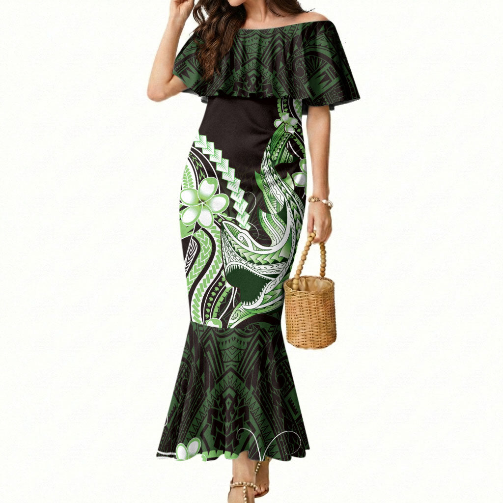 Green Black Aloha Hawaii Mermaid Dress Polynesian Shark Tattoo Plumeria LT14 Women Green - Polynesian Pride