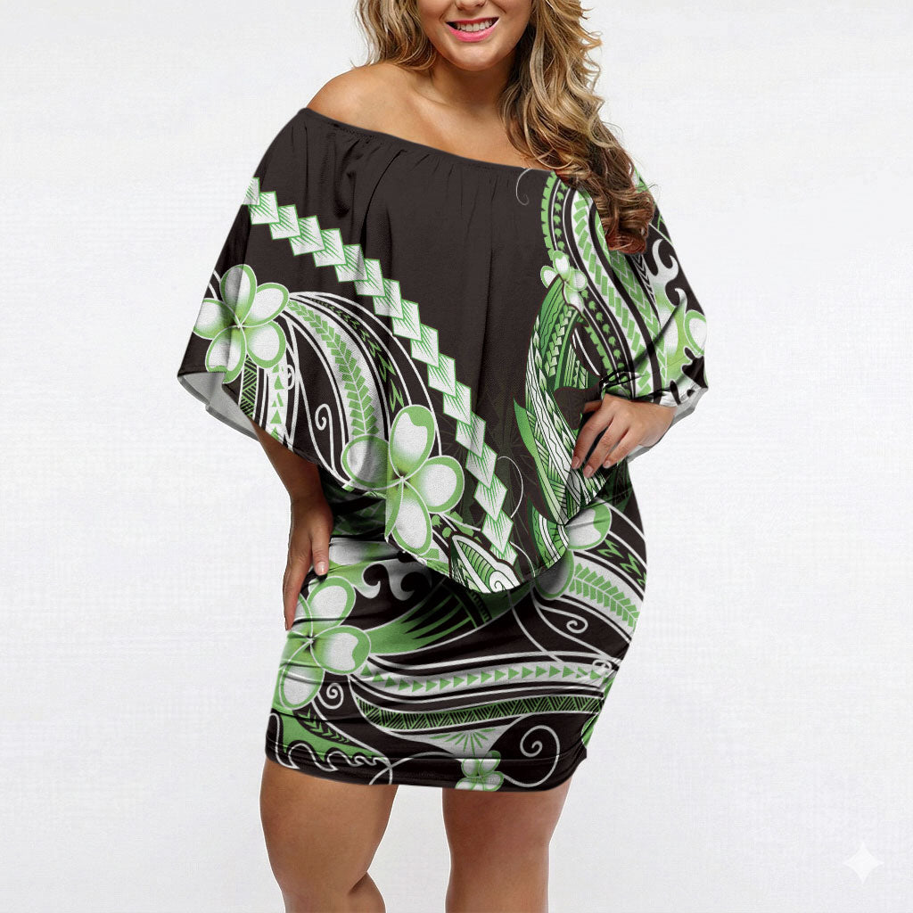 Green Black Aloha Hawaii Off Shoulder Short Dress Polynesian Shark Tattoo Plumeria LT14 Women Green - Polynesian Pride