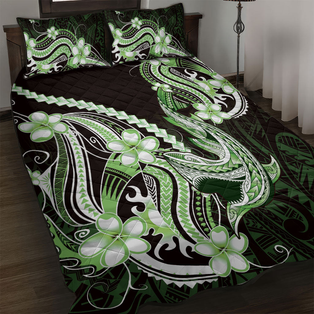 Green Black Aloha Hawaii Quilt Bed Set Polynesian Shark Tattoo Plumeria LT14 Green - Polynesian Pride