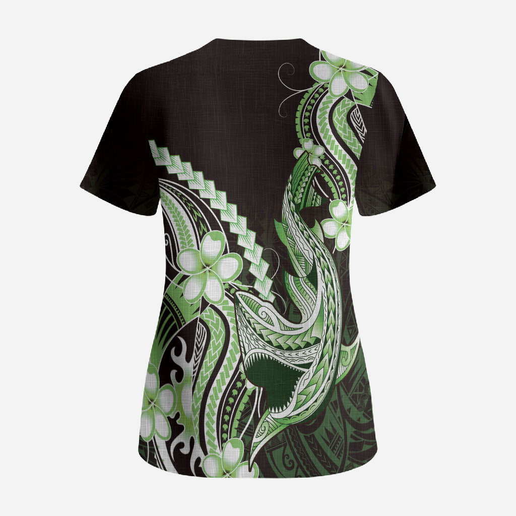Green Black Aloha Hawaii Scrub Top Polynesian Shark Tattoo Plumeria LT14 - Polynesian Pride