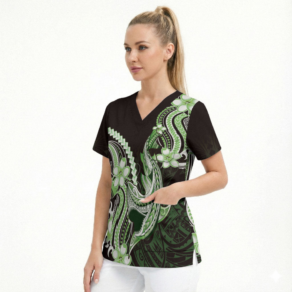 Green Black Aloha Hawaii Scrub Top Polynesian Shark Tattoo Plumeria LT14 - Polynesian Pride