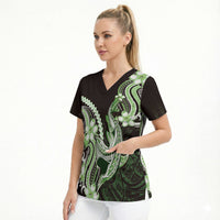 Green Black Aloha Hawaii Scrub Top Polynesian Shark Tattoo Plumeria LT14 - Polynesian Pride