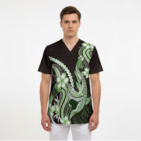 Green Black Aloha Hawaii Scrub Top Polynesian Shark Tattoo Plumeria LT14 - Polynesian Pride