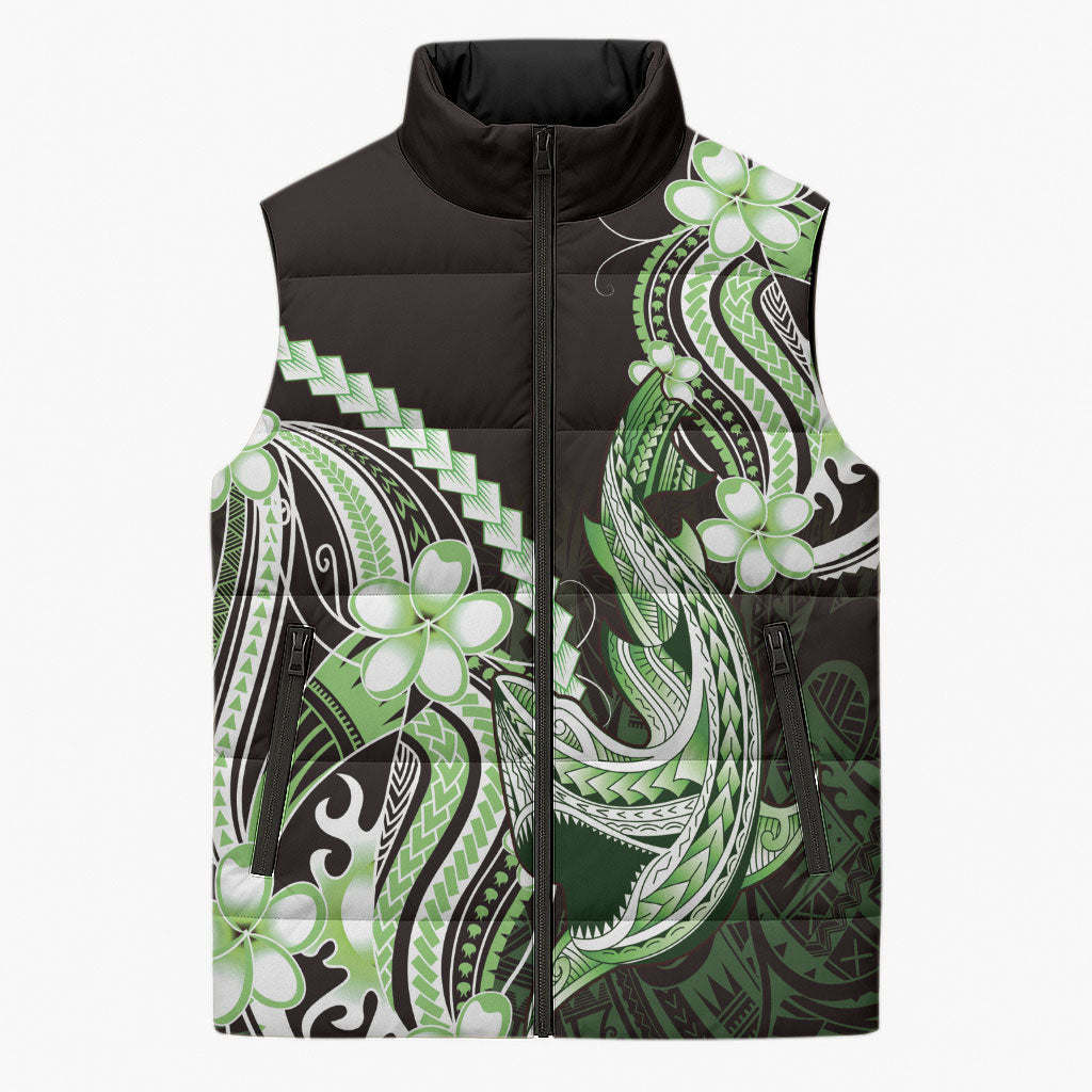 Green Black Aloha Hawaii Sleeveless Puffer Jacket Polynesian Shark Tattoo Plumeria LT14 Unisex Green - Polynesian Pride