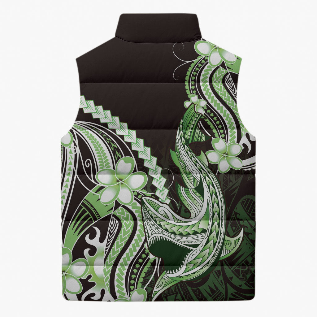 Green Black Aloha Hawaii Sleeveless Puffer Jacket Polynesian Shark Tattoo Plumeria LT14 - Polynesian Pride