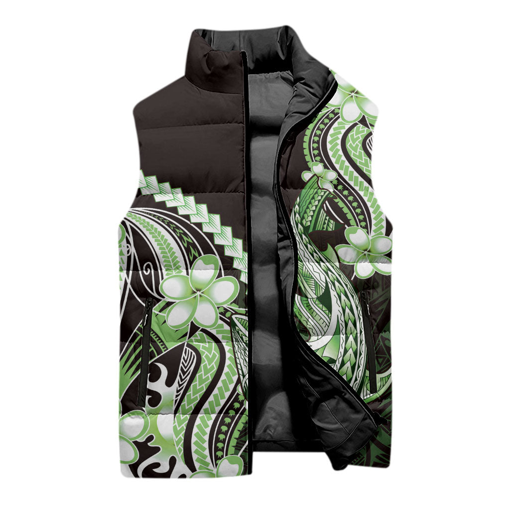 Green Black Aloha Hawaii Sleeveless Puffer Jacket Polynesian Shark Tattoo Plumeria LT14 - Polynesian Pride