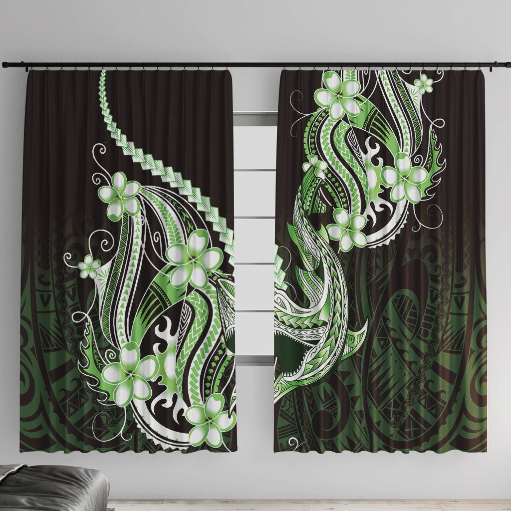 Green Black Aloha Hawaii Window Curtain Polynesian Shark Tattoo Plumeria LT14 With Hooks Green - Polynesian Pride