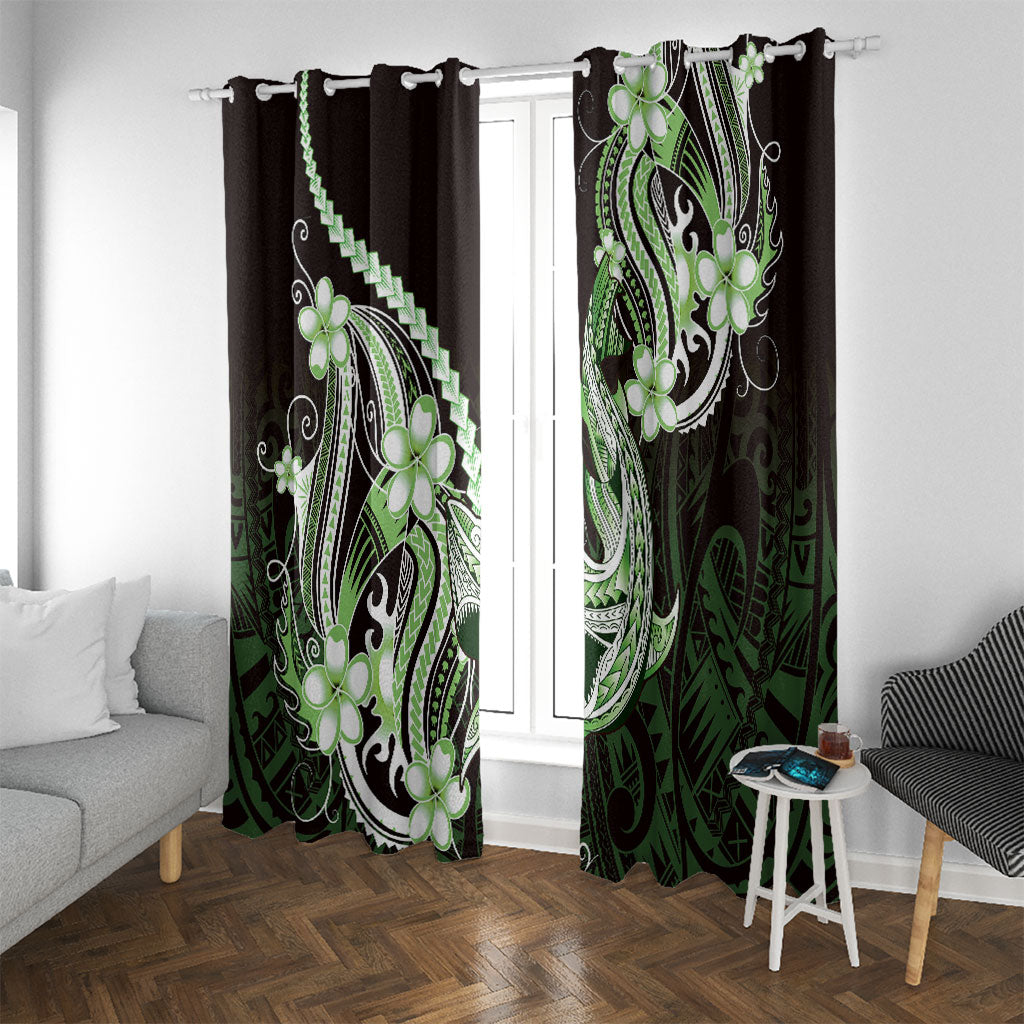 Green Black Aloha Hawaii Window Curtain Polynesian Shark Tattoo Plumeria LT14 With Grommets Green - Polynesian Pride