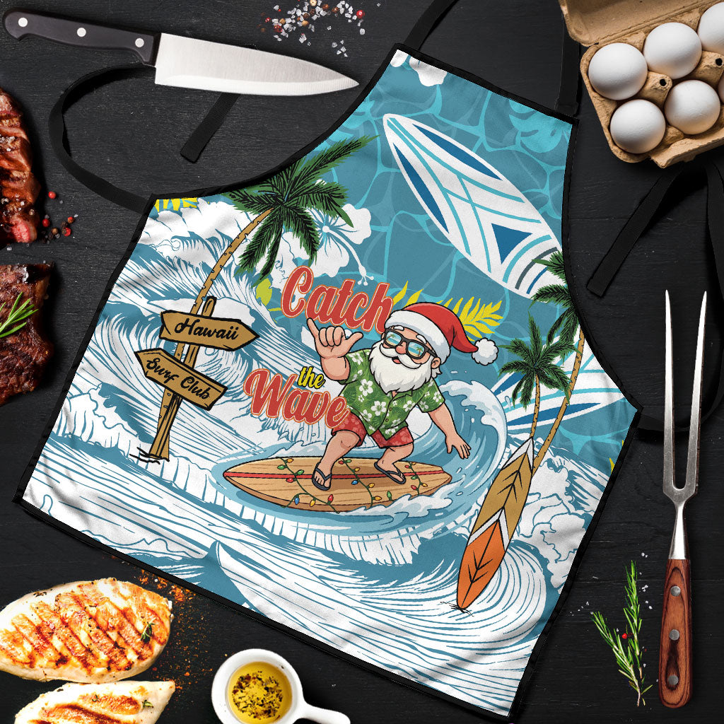 Hawaii Summer Christmas Apron Surfing Santa Shaka Catch The Wave LT14 Teal - Polynesian Pride