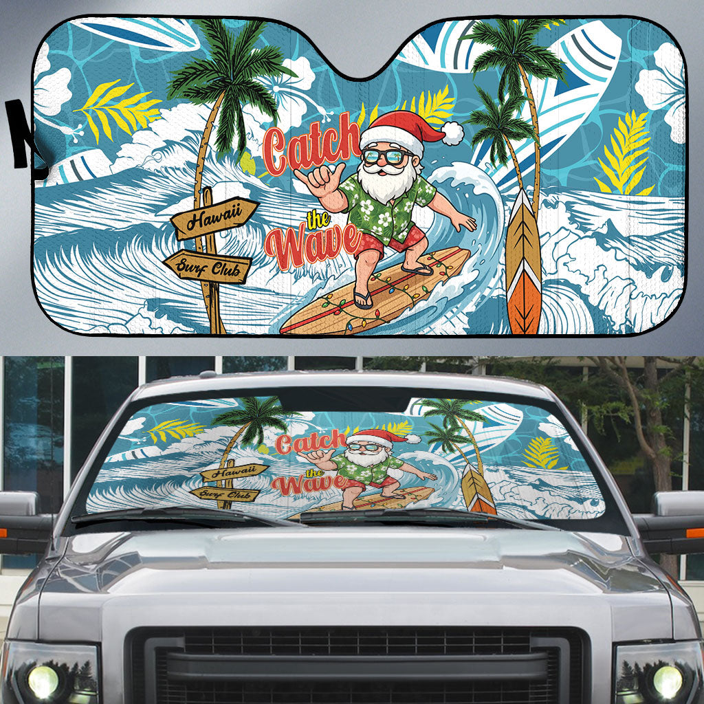 Hawaii Summer Christmas Auto Sun Shade Surfing Santa Shaka Catch The Wave LT14 Teal - Polynesian Pride