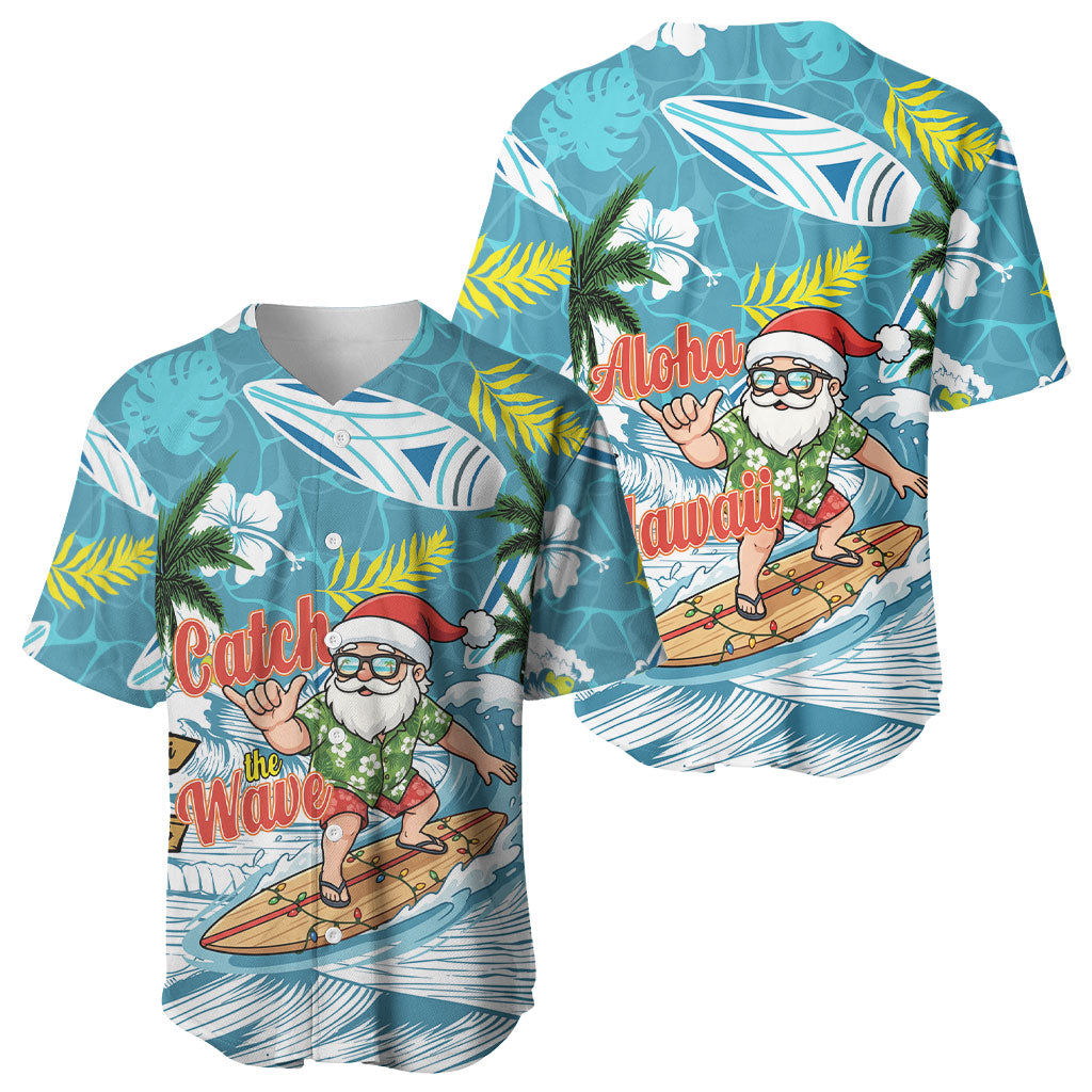 Hawaii Summer Christmas Baseball Jersey Surfing Santa Shaka Catch The Wave LT14 - Polynesian Pride