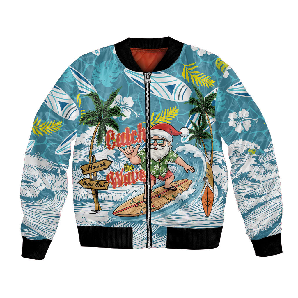 Hawaii Summer Christmas Bomber Jacket Surfing Santa Shaka Catch The Wave LT14 Unisex Teal - Polynesian Pride