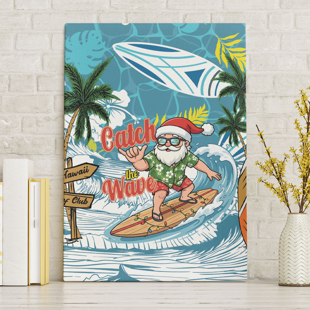 Hawaii Summer Christmas Canvas Wall Art Surfing Santa Shaka Catch The Wave LT14 Without Frame Teal - Polynesian Pride