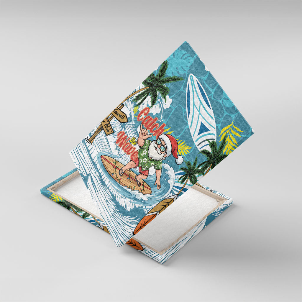 Hawaii Summer Christmas Canvas Wall Art Surfing Santa Shaka Catch The Wave LT14 With Frame Teal - Polynesian Pride