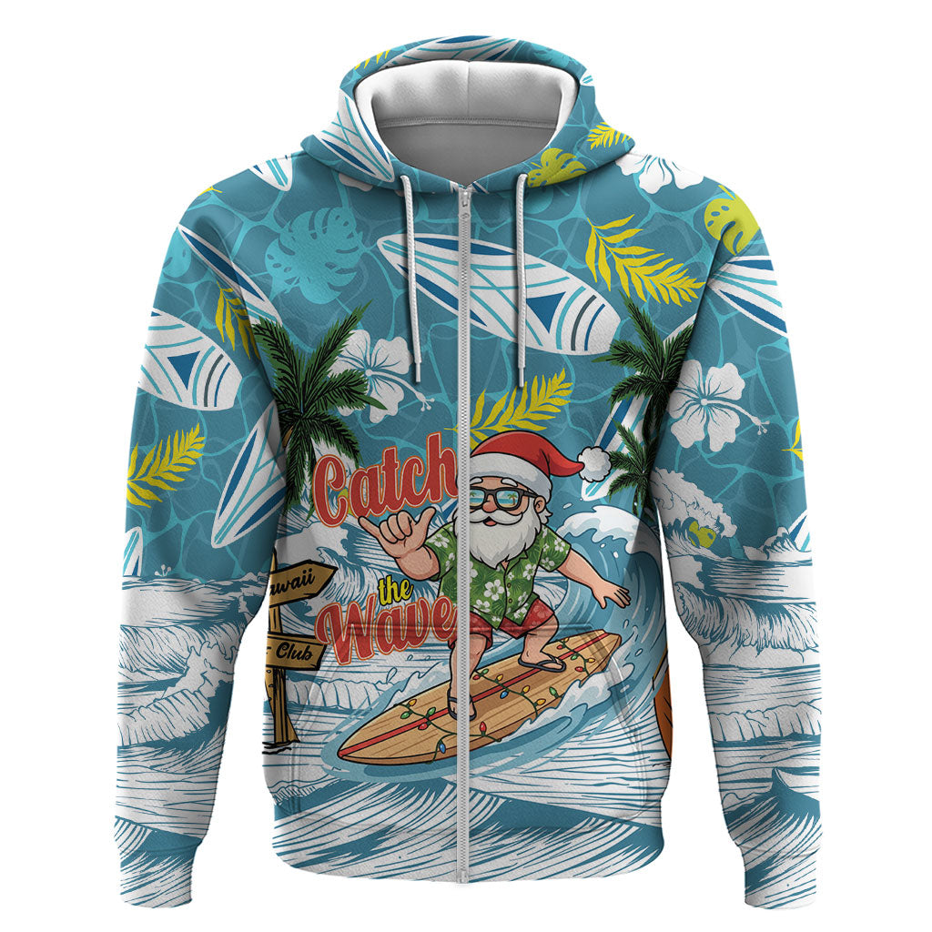 Hawaii Summer Christmas Hoodie Surfing Santa Shaka Catch The Wave LT14 Zip Hoodie Teal - Polynesian Pride