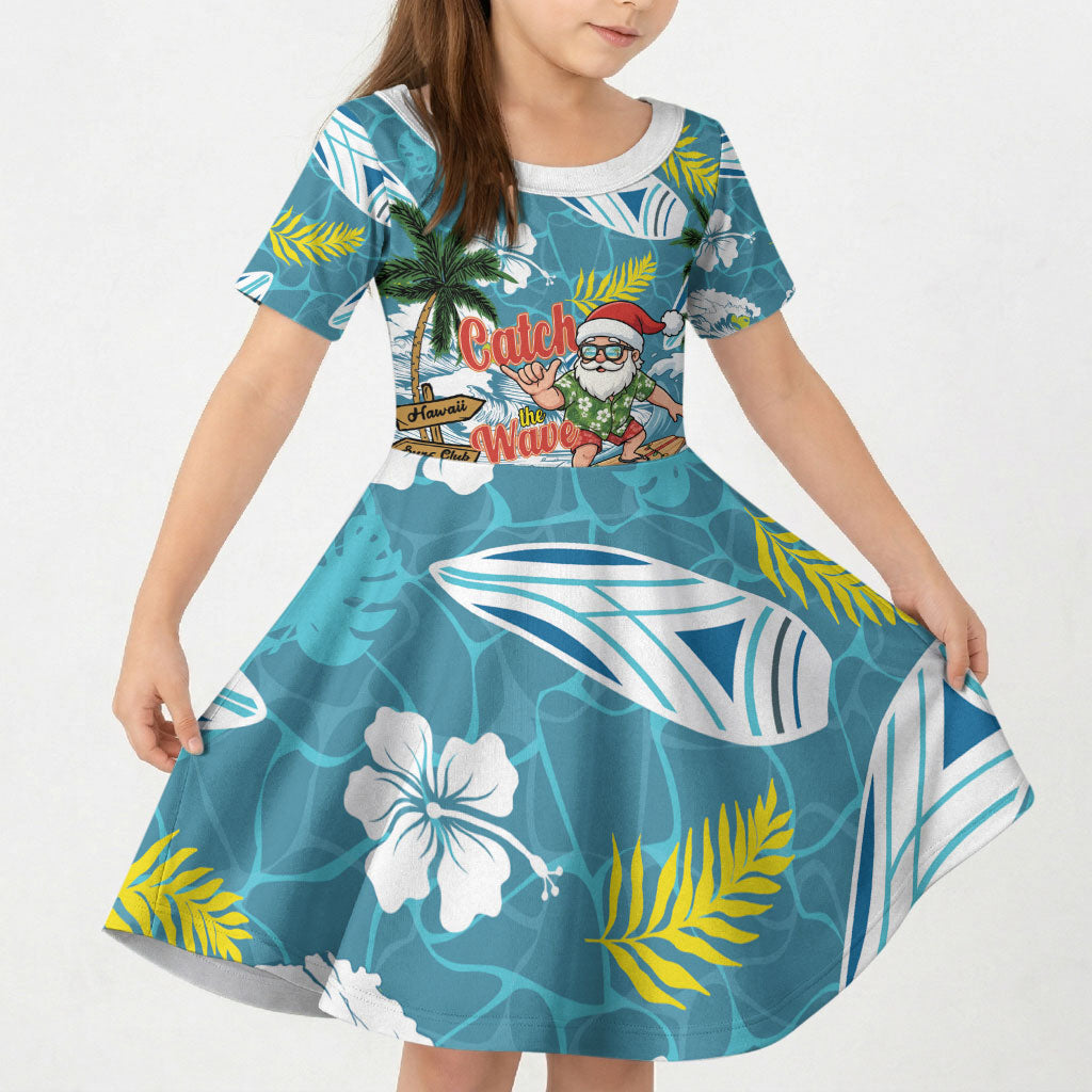 Hawaii Summer Christmas Kid Short Sleeve Dress Surfing Santa Shaka Catch The Wave LT14 KID Teal - Polynesian Pride