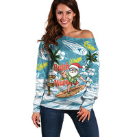 Hawaii Summer Christmas Off Shoulder Sweater Surfing Santa Shaka Catch The Wave LT14 Women Teal - Polynesian Pride