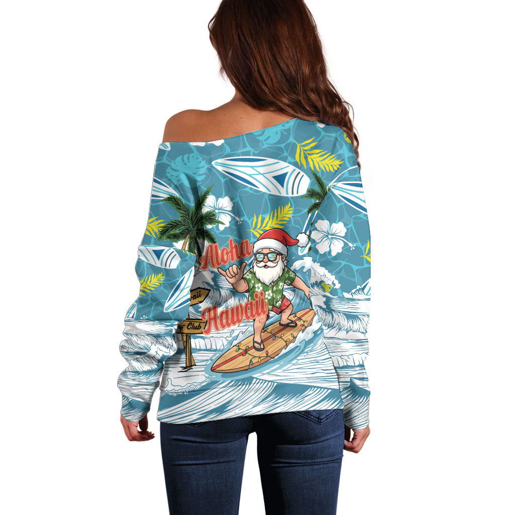 Hawaii Summer Christmas Off Shoulder Sweater Surfing Santa Shaka Catch The Wave LT14 - Polynesian Pride