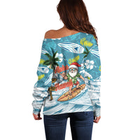 Hawaii Summer Christmas Off Shoulder Sweater Surfing Santa Shaka Catch The Wave LT14 - Polynesian Pride