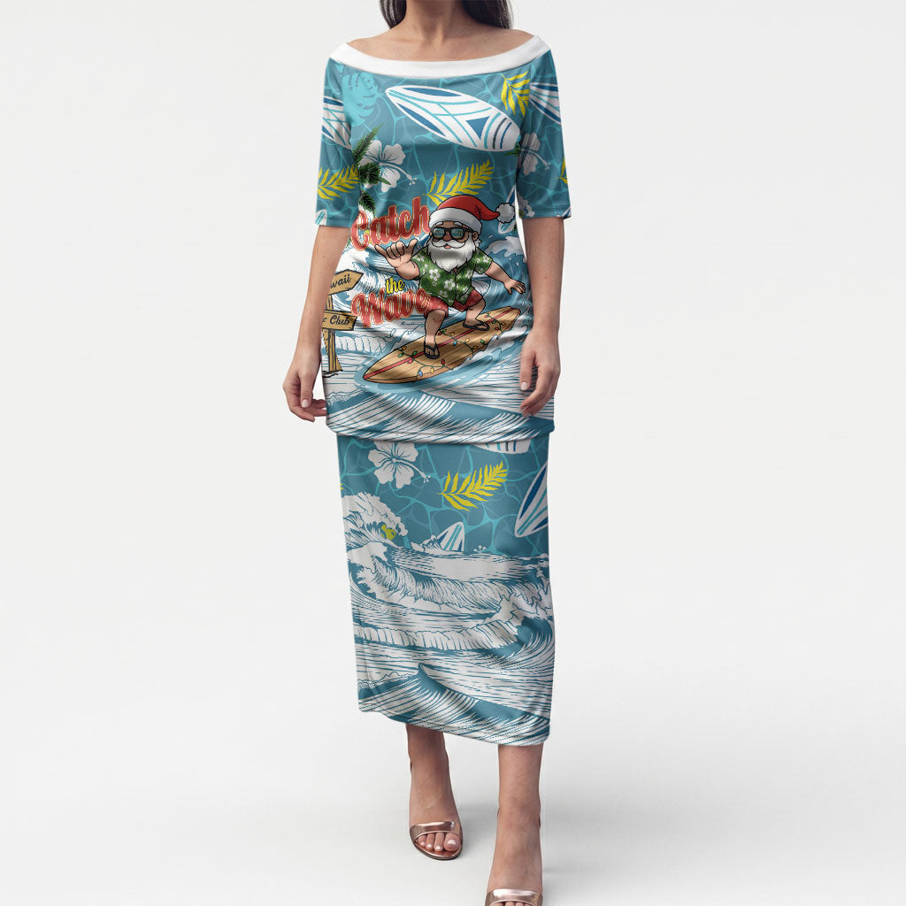 Hawaii Summer Christmas Puletasi Surfing Santa Shaka Catch The Wave LT14 Long Dress Teal - Polynesian Pride