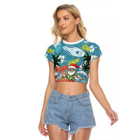 Hawaii Summer Christmas Raglan Cropped T Shirt Surfing Santa Shaka Catch The Wave LT14 Female Teal - Polynesian Pride