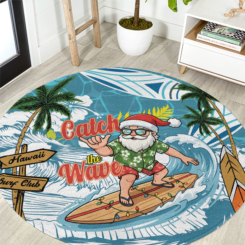 Hawaii Summer Christmas Round Carpet Surfing Santa Shaka Catch The Wave LT14 Teal - Polynesian Pride