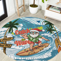 Hawaii Summer Christmas Round Carpet Surfing Santa Shaka Catch The Wave LT14 Teal - Polynesian Pride