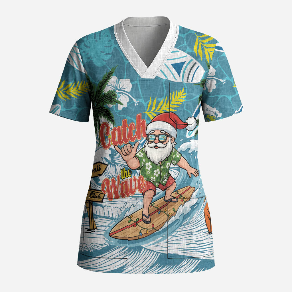 Hawaii Summer Christmas Scrub Top Surfing Santa Shaka Catch The Wave LT14 Adult Teal - Polynesian Pride