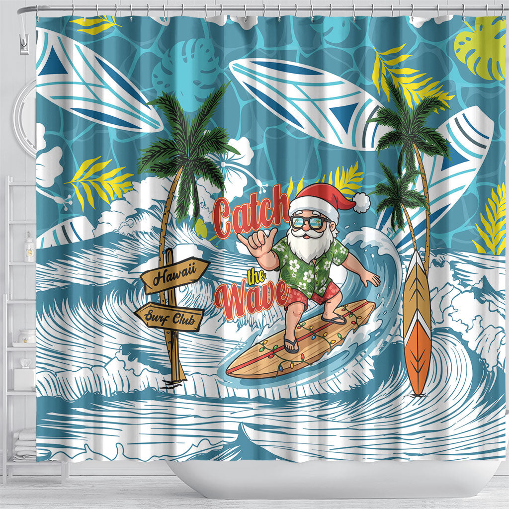 Hawaii Summer Christmas Shower Curtain Surfing Santa Shaka Catch The Wave LT14 - Polynesian Pride