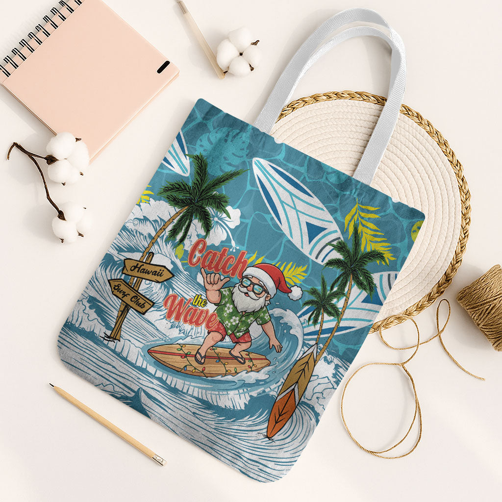 Hawaii Summer Christmas Tote Bag Surfing Santa Shaka Catch The Wave LT14 White Strap One Size Teal - Polynesian Pride