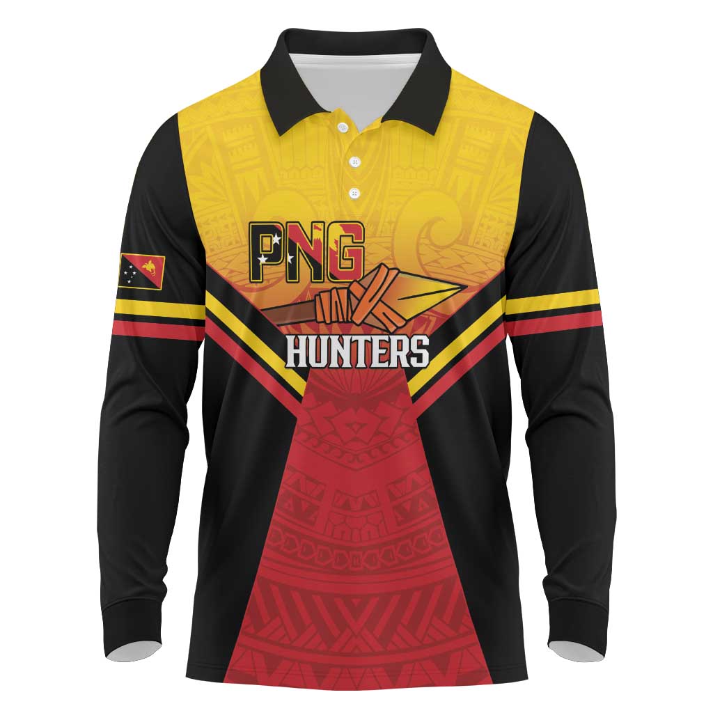 Papua New Guinea Rugby Custom Long Sleeve Polo Shirt Go PNG Hunters Polynesian Pattern LT14 Red - Polynesian Pride