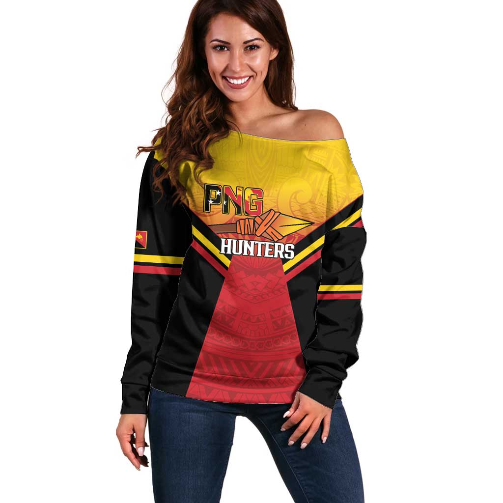 Papua New Guinea Rugby Custom Off Shoulder Sweater Go PNG Hunters Polynesian Pattern LT14 Women Red - Polynesian Pride