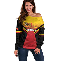 Papua New Guinea Rugby Custom Off Shoulder Sweater Go PNG Hunters Polynesian Pattern LT14 Women Red - Polynesian Pride