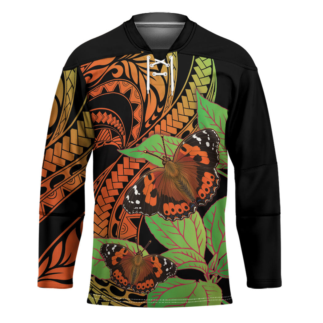 Kamehameha Butterfly Hawaii Hockey Jersey Hawaiian Pulelehua Mamaki Orange Green Color LT14 Unisex Multicolor - Polynesian Pride