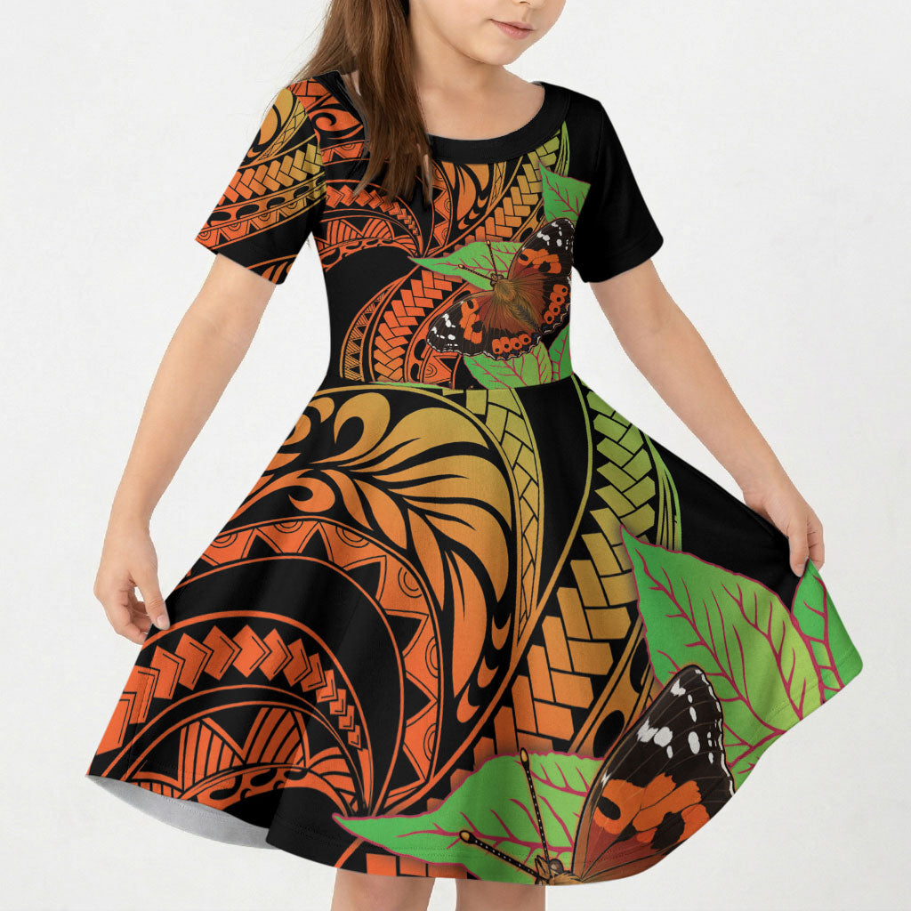 Kamehameha Butterfly Hawaii Kid Short Sleeve Dress Hawaiian Pulelehua Mamaki Orange Green Color