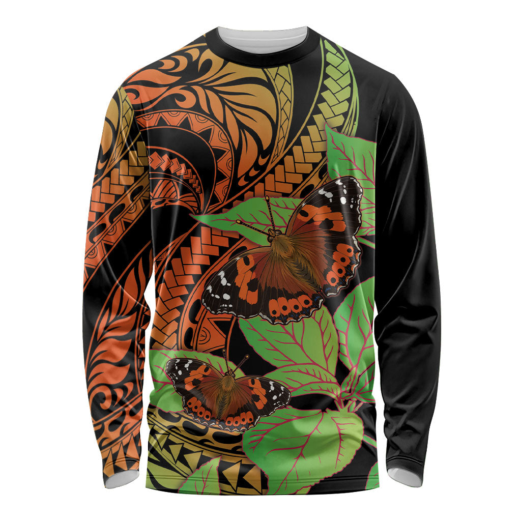 Kamehameha Butterfly Hawaii Long Sleeve Shirt Hawaiian Pulelehua Mamaki Orange Green Color LT14 Unisex Multicolor - Polynesian Pride