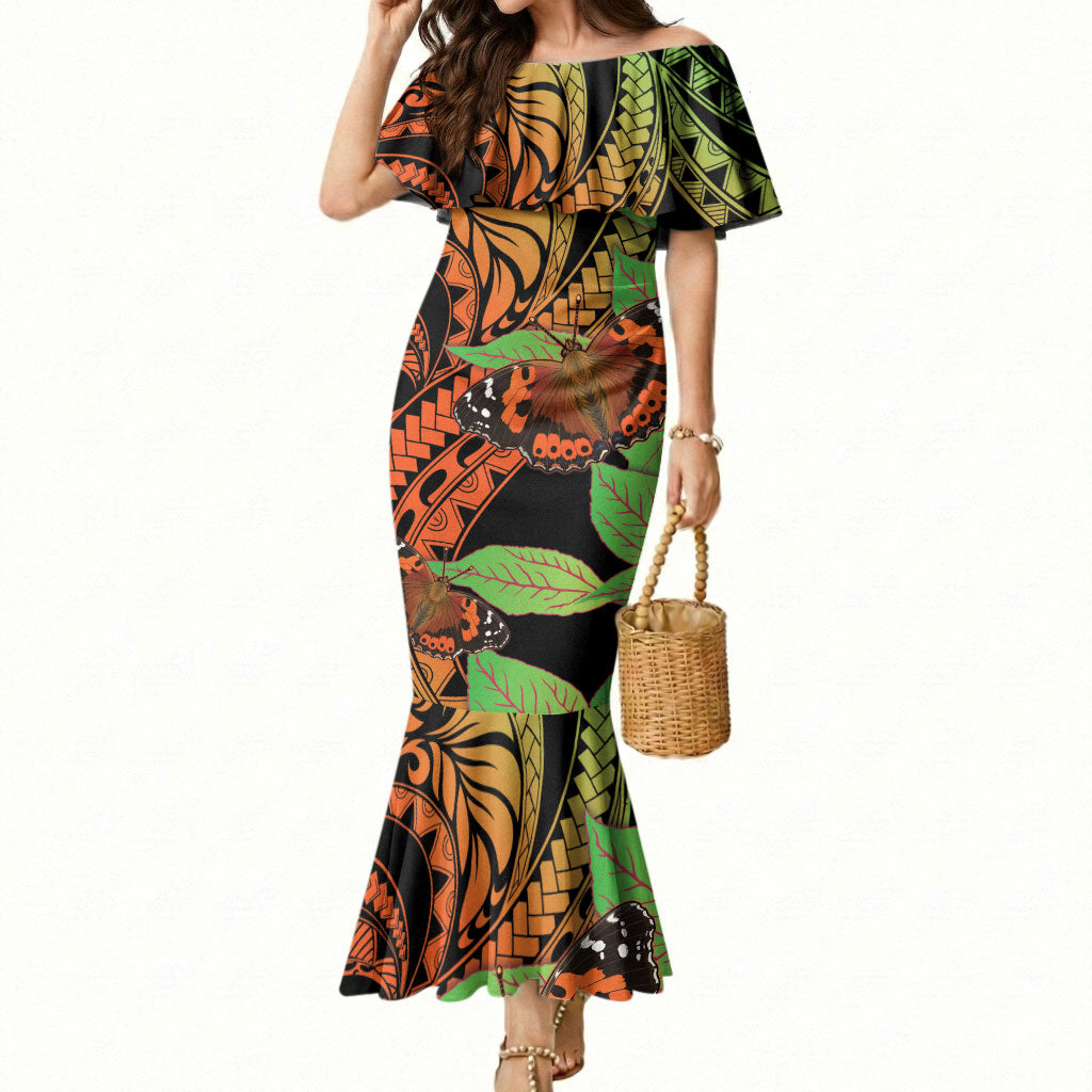 Kamehameha Butterfly Hawaii Mermaid Dress Hawaiian Pulelehua Mamaki Orange Green Color LT14 Women Multicolor - Polynesian Pride