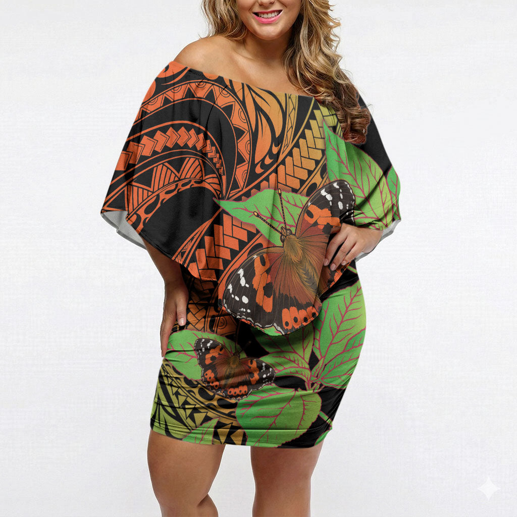 Kamehameha Butterfly Hawaii Off Shoulder Short Dress Hawaiian Pulelehua Mamaki Orange Green Color LT14 Women Multicolor - Polynesian Pride