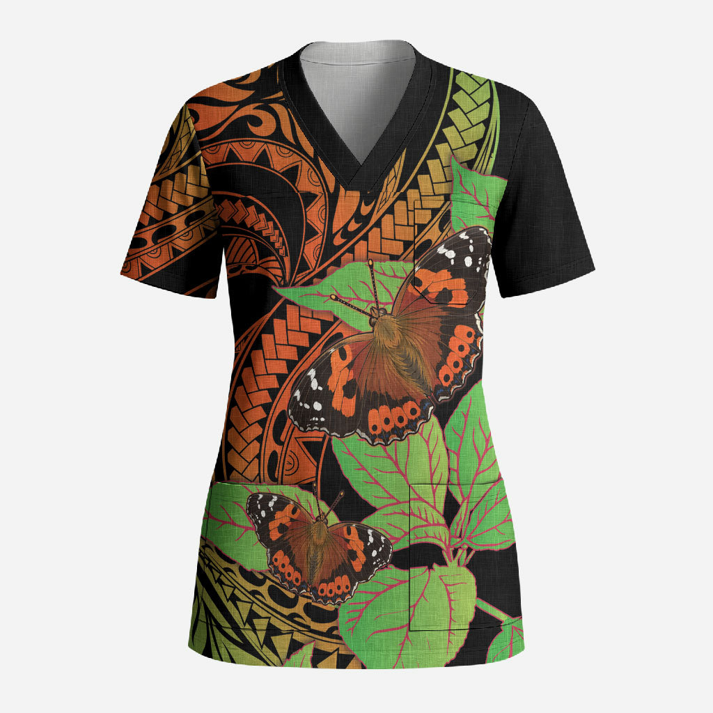 Kamehameha Butterfly Hawaii Scrub Top Hawaiian Pulelehua Mamaki Orange Green Color LT14 Adult Multicolor - Polynesian Pride