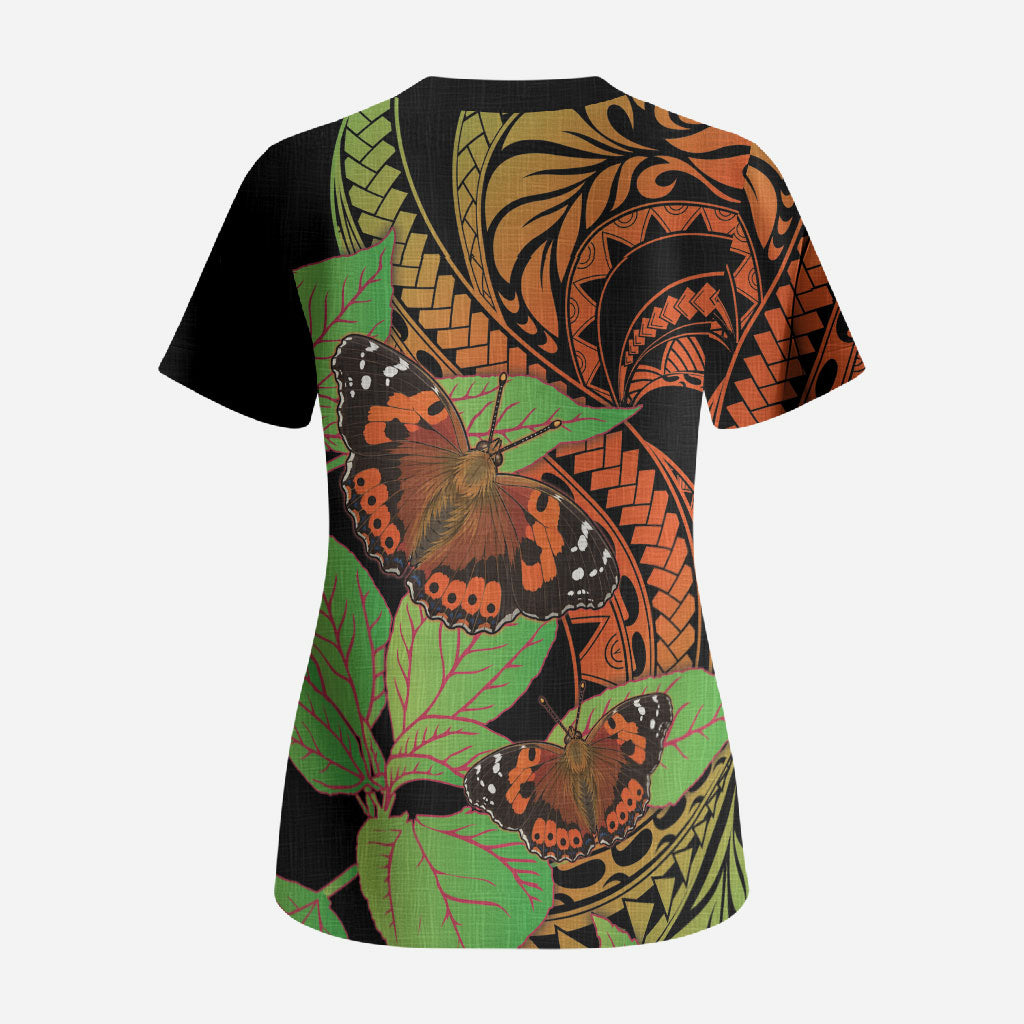 Kamehameha Butterfly Hawaii Scrub Top Hawaiian Pulelehua Mamaki Orange Green Color LT14 - Polynesian Pride