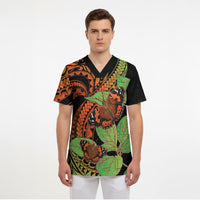 Kamehameha Butterfly Hawaii Scrub Top Hawaiian Pulelehua Mamaki Orange Green Color LT14 - Polynesian Pride